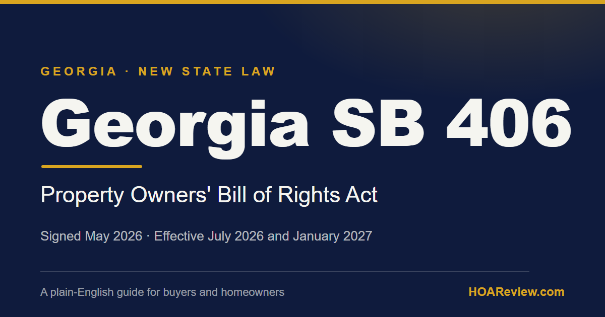 Georgia SB 406, the Property Owners' Bill of Rights Act, on a navy and gold HOAReview title card