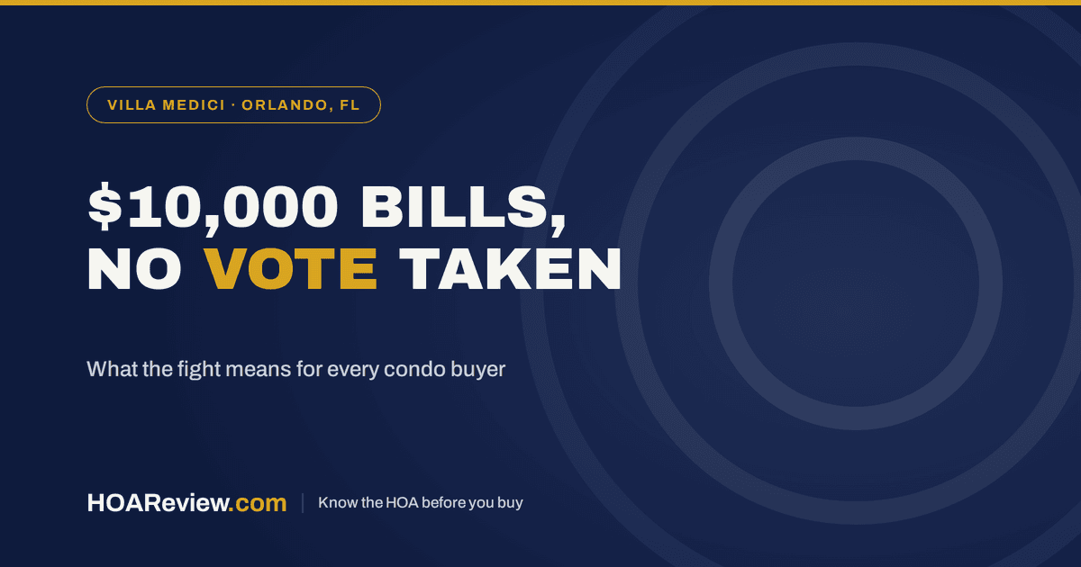Ten thousand dollar bills, no vote taken, what the fight means for every condo buyer, on a navy and gold HOAReview title card