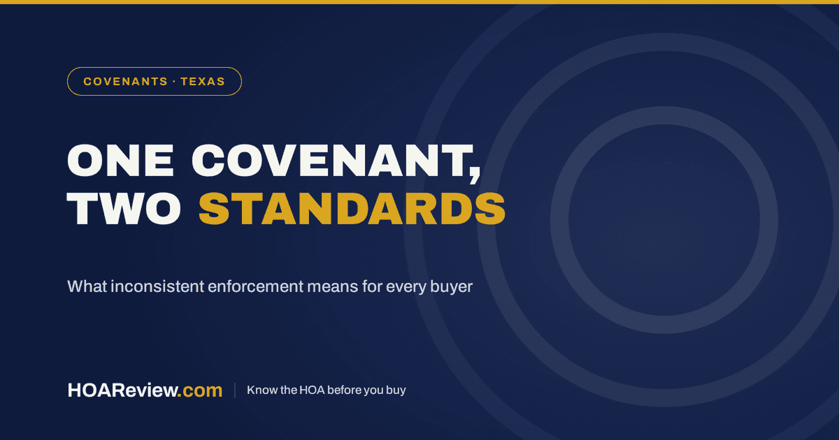 One covenant, two standards, what inconsistent enforcement means for every buyer, on a navy and gold HOAReview title card