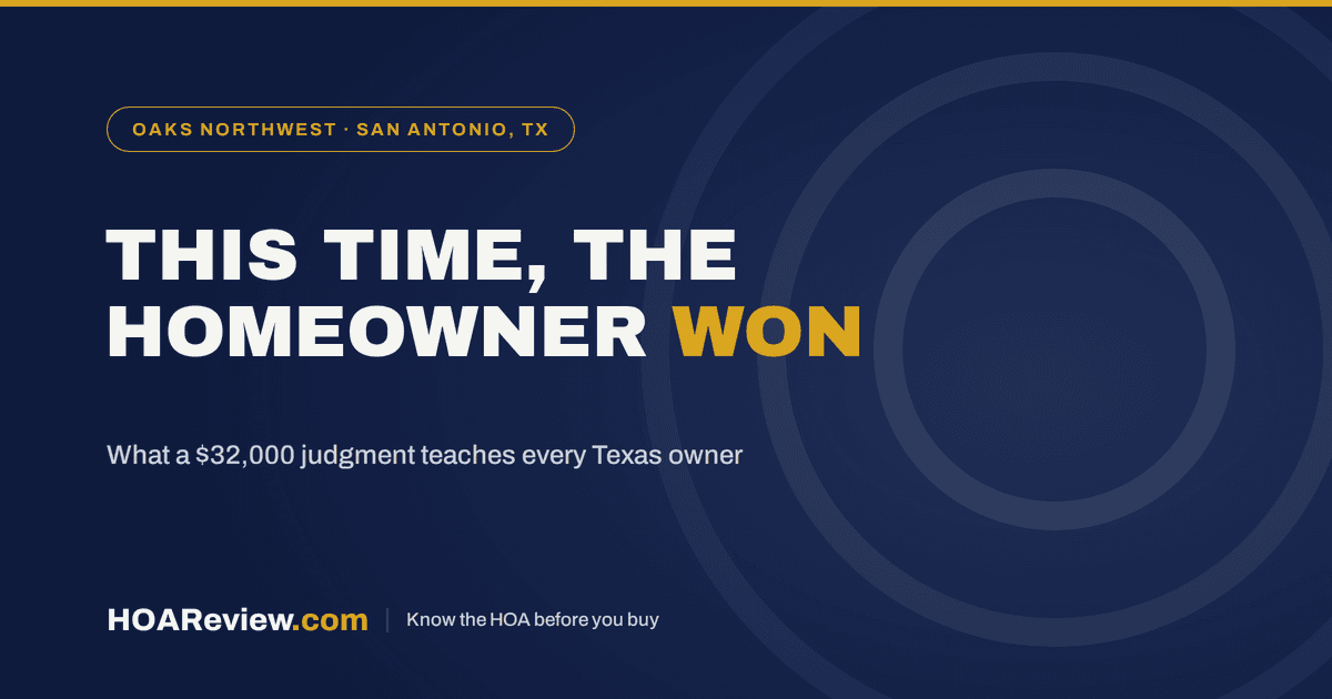 This time the homeowner won, what a $32,000 judgment teaches every Texas owner, on a navy and gold HOAReview title card