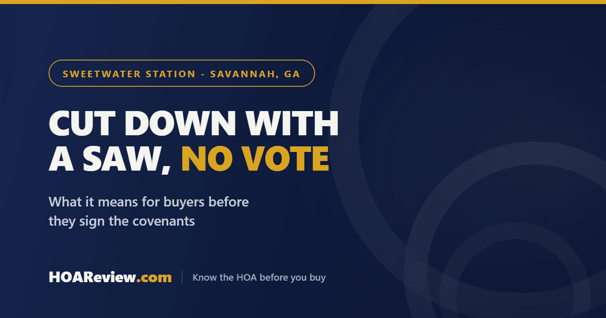 Cut down with a saw, no vote, on a navy and gold HOAReview title card